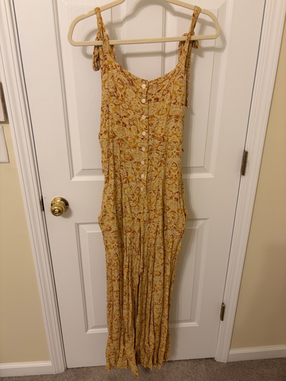 Free People, Yellow Paisley Button-Front Jumpsuit, Size Small